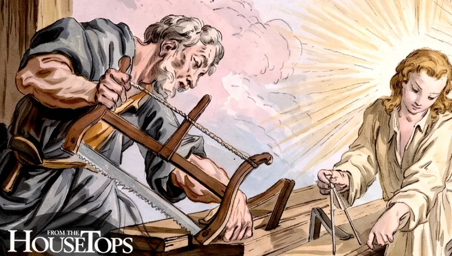 Bearded man on a roof using a frame saw while a woman in light robes works with a ruler or string, bright sunlight radiating from the right.
